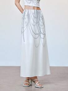 SHEIN Unity Women's Pearl 3D Print Sexy Low Waist Casual Skirt, Spring/Summer - White - View 5