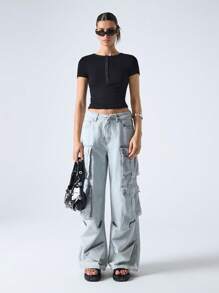 LYSMO Women's Black Button Half-Placket Short-Sleeved Cropped Slim-Fit T-Shirt - Black - View 5