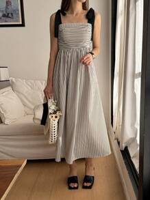 DAZY Vestido casual de verano con tirantes anudables, a media pierna, de estilo rayado para mujer