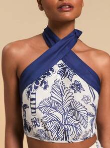 Travachic Patterned Open Back Tank Top, Minimalist Fashion Casual Daily Wear - Blue and White - View 1