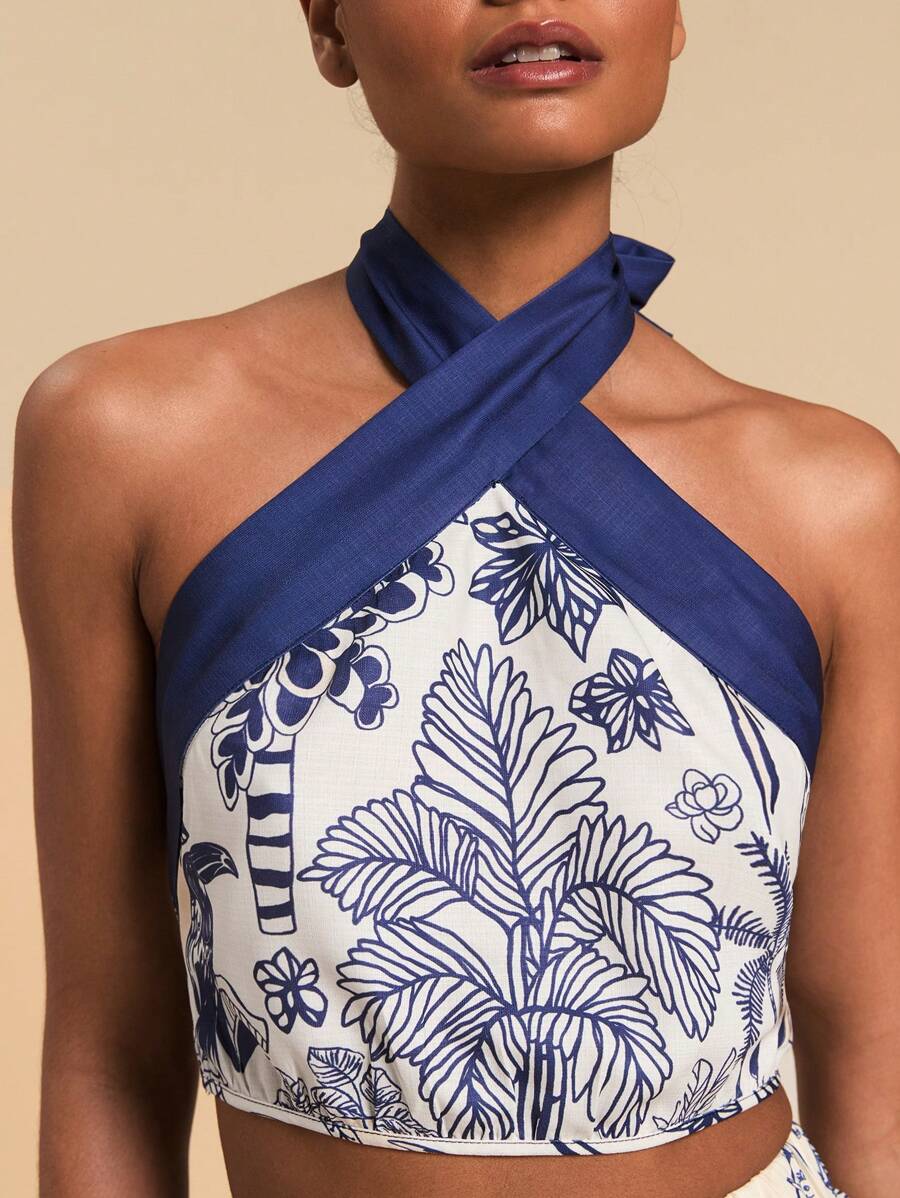 Travachic Patterned Open Back Tank Top, Minimalist Fashion Casual Daily Wear - Blue and White - View 1