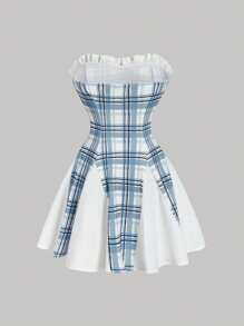 SHEIN MOD Vestido sin tirantes con aplicaciones de encaje, cuello y patchwork de cuadros