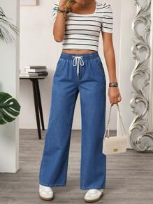 EMERY ROSE 女式抽绳腰口袋阔腿休闲百搭牛仔裤