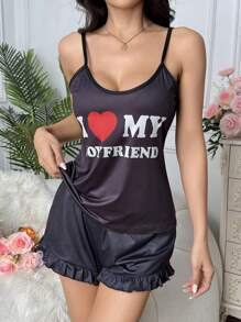 Women's Sexy Cami Pajama Top With "I Love My Boyfriend" English Print