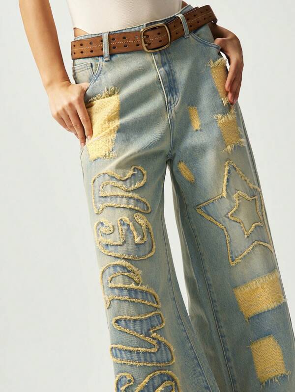 Bohemela Boho Country Music Festival Western Cowgirl Style Casual Woven Loose Wide Leg Star Bleached Denim Women Long Pants