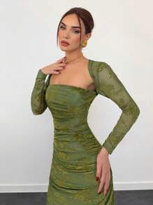 Aloruh Women's Autumn/Winter New Velvet Jacquard Cutwork Lace Mesh Romantic Date Vacation Long Sleeve Ruffled Bodycon Dress