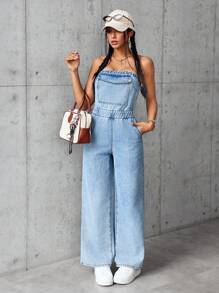 SHEIN EZwear Bộ đồ liền thân denim rộng rãi đơn giản có túi dành cho nữ - Màu xanh lam - Xem 3