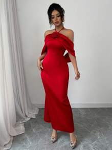 Elenzga Red Valentine's Day Dress With Neck Tie And 3D Floral Design