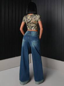 EURMUSE WOMEN HIGH WAIST WIDELEG VISIBLE ZIPPER FOLDED RAW HEM Y2K WASH - Dark Wash - View 2