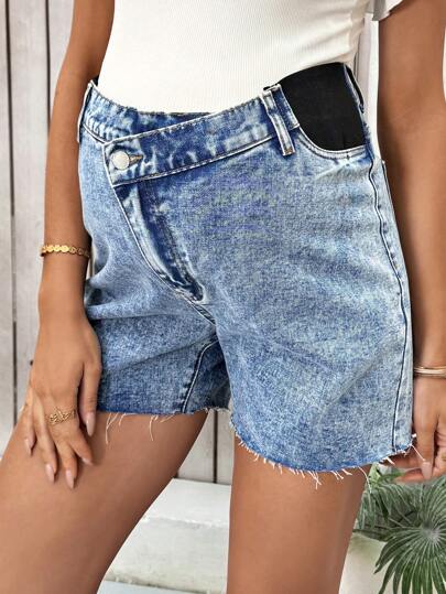 SHEIN 孕妇装 不对称腰线修身牛仔短裤 蓝色 夏季/夏季/夏季 春季/春季 女士海滩/海滩 女士早午餐 春假/春假 女士音乐会/狂欢节/乡村音乐会/伊比沙岛/纳什维尔