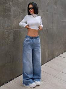 EURMUSE Casual Washed Low Waist Frayed Hem Straight Leg Jeans - Medium Wash - View 3