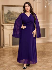 Modelyn Vestido largo y simple de manga larga con parches de malla en unicolor para tallas grandes - Morado - Ver 1