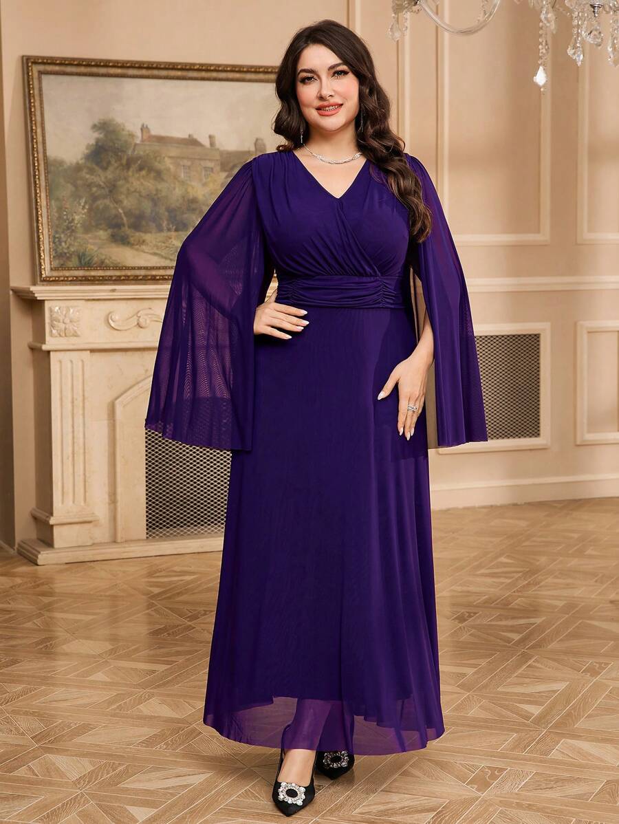 Modelyn Vestido largo y simple de manga larga con parches de malla en unicolor para tallas grandes - Morado - Ver 1