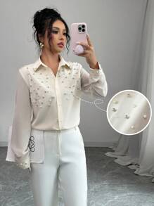 Elenzga Women's Beige Pearl Embellished Long Sleeve Shirt Fall Cloth For Women - Apricot - View 3
