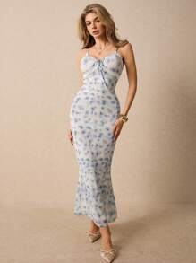Poéselle Vestido maxi con estampado floral y detalles fruncidos - Vestido azul bebé, vestido de mujer en tonos pastel, elegante vestido maxi con cola de pez, ideal para fiestas de verano, elegante y casual, vestido maxi de cuello romántico para cóctel - Multicolor - Ver 1