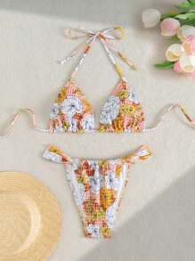 Swim Vcay Set de 2 piezas Traje de baño sexy y elegante con estampado de flores tropicales de colores aleatorios y escote halter para mujer, novedad de primavera - Multicolor - Ver 5