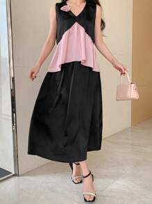 DAZY 2pcs Summer New Sundress Two-Piece Set, Contrast Color Elegant For Women - Black - View 7