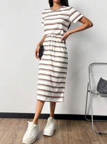 Calvaya Striped Tie Front Midi Casual Dress For Women, Minimalist Style