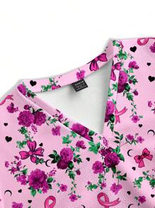 PopScrub Women's Floral Print Bowknot , Heart, Moon Healthcare Scrub Uniform Tops