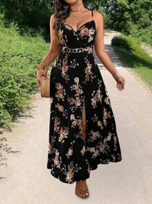 Breezaya Vestido camisero de talla grande con decoración de hebilla en la cintura y abertura en el bajo