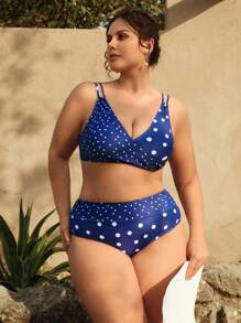 SHEIN Swim Curve 大码女式 V 领波尔卡圆点印花休闲度假泳装比基尼套装，夏季海滩 - 藏蓝色 - 查看 5