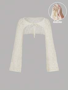 SHEIN MOD Apricot Lace Up Knitted Hollow Bell Sleeve Cardigan, Vacation Cardigan, Bohemian Cardigan, Beach Cardigan, Women's Country Wear, Spring Cardigan Jacket