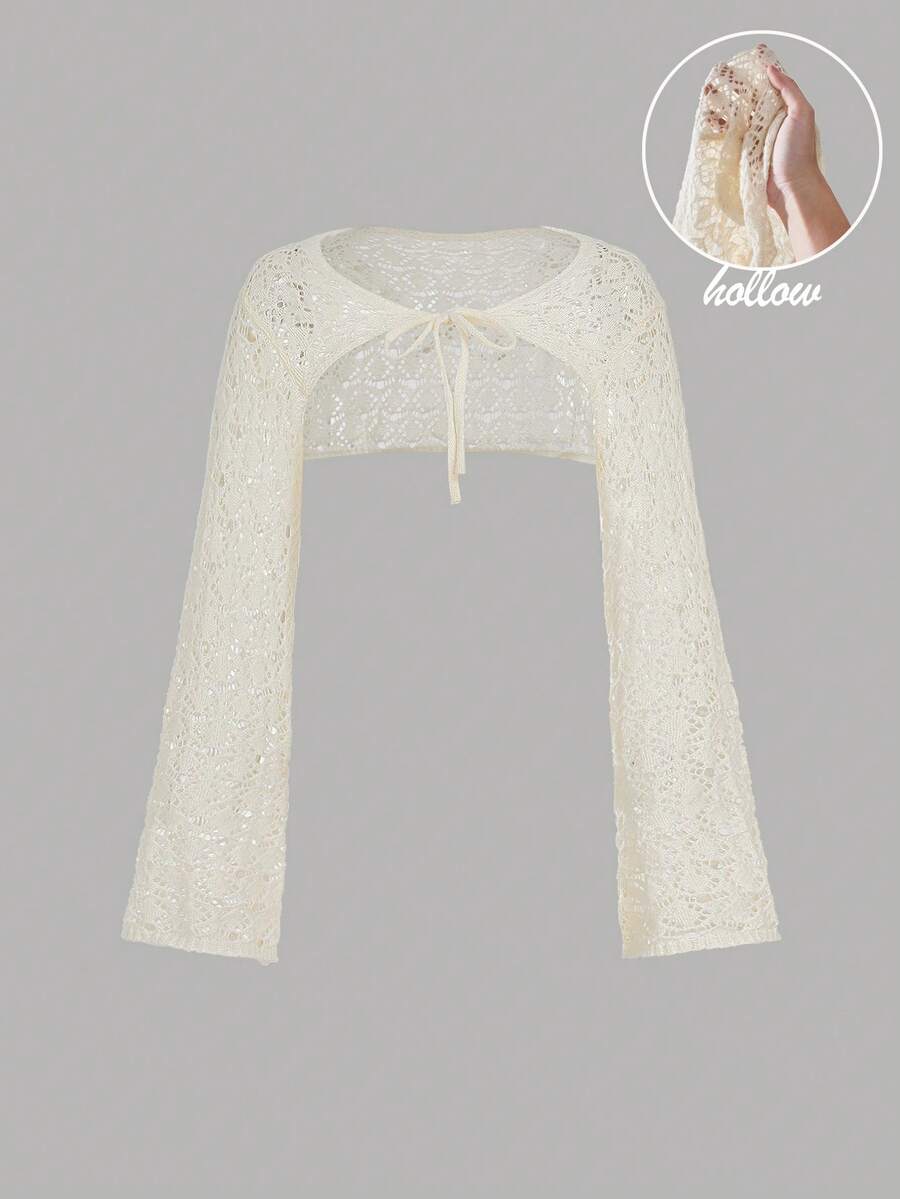 SHEIN MOD Apricot Lace Up Knitted Hollow Bell Sleeve Cardigan, Vacation Cardigan, Bohemian Cardigan, Beach Cardigan, Women's Country Wear, Spring Cardigan Jacket