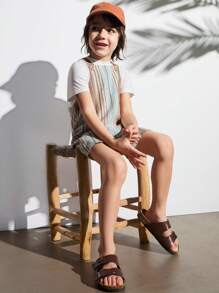 SHEIN Conjuntos de pantalón de tirantes a rayas y camiseta blanca para niños pequeños, estilo básico de vacaciones - Caqui - Ver 5