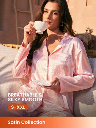 LUVLETTE 秋冬丝缎粉色复古优雅奢华花卉图案蕾丝边纽扣上衣和裤子家居服女士睡衣套装带口袋裤子女士休闲套装内衣新娘内衣秋季睡衣