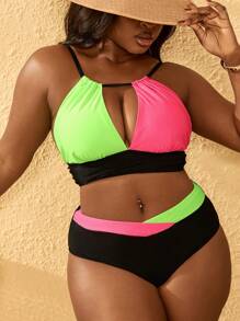 SHEIN Swim Curve Plus Size Women 2pcs Color Block Casual Stylish Swimwear Bikini Set For Holiday, Resort, Beach, Summer Vacation - Multicolor - View 1