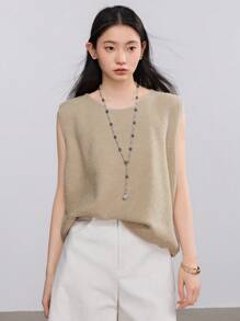 Dazy-Less Solid Simple Casual Sweater Vest Business Casual Woman Work Clothes - Khaki - View 2
