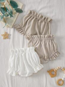 Vintaside Kids 3pcs Baby Girl Holiday Christmas Casual White Apricot Plaid Multi-Colored Three Pieces Shorts In Woven Fabric. Suitable For Summer, Waist And Trouser Leg Ruffled Decoration And Rope Design, Fashion Sweet And Playful Elements, Loose Version, Suitable For Daily Wear, Home Leisure, Shopping And So On