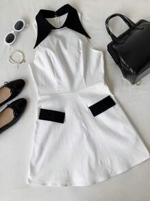 Comfortcana Vestido mini elegante de mujer sin mangas con bloques de color