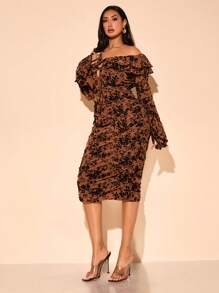 SHEIN BAE Vestido elegante de talla grande con detalles recogidos, manga larga, hombros descubiertos, volantes y tejido flockado elástico en negro, de largo medio, para otoño/invierno