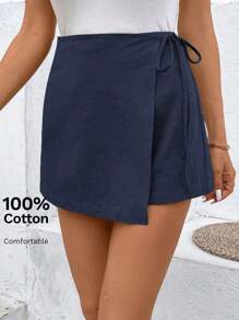 SHEIN Frenchy Women Wrapped Tie Texture Material Knot Side Wrap Skort Shorts Summer Casual Blue - Navy Blue - View 7