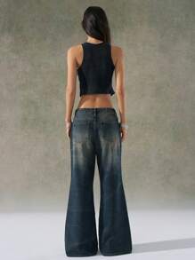LYSMO Jeans acampanados de mujer con lavado vintage, diseño arrugado, jeans de microflauta denim retro - Caqui - Ver 2