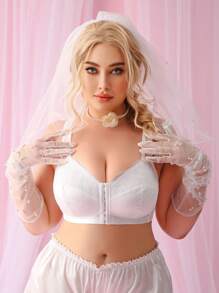 SHEIN Plus Size Lace Patchwork Front Open Wire-Free Lingerie Bra, Wedding - White - View 4