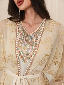 Al Najma 女士金色花卉印花长袖长袍和连衣裙阿拉伯服装套装，朴素 - 彩色 - 查看 5