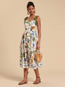 Travachic Đầm midi hở vai họa tiết cây dừa nhiệt đới cho nữ - Nhiều màu - Xem 7