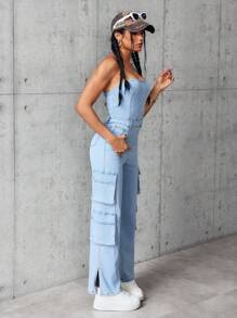 SHEIN EZwear 女士简约时尚牛仔背带裤和连体裤，日常休闲装 - 藍色 - 查看 1
