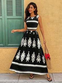 Chiquease 女士假日休闲碎花背心裙两件套 - 黑色 - 查看 1