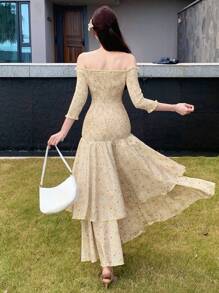 DAZY Bohemian Style Vacation Plant & Ditsy Floral Ruffled Off Shoulder Bodycon Dress For Women Summer Dress Boho - Beige - View 5