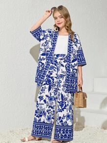 SHEIN Tween Girl 1pc Bloemenprint Kimono & 1pc Broek