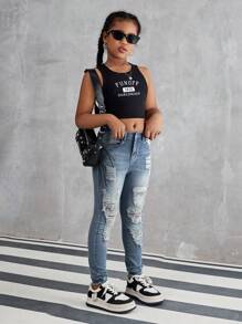 SHEIN Tween Girl' New Distressed Stretchy Skinny Jeans