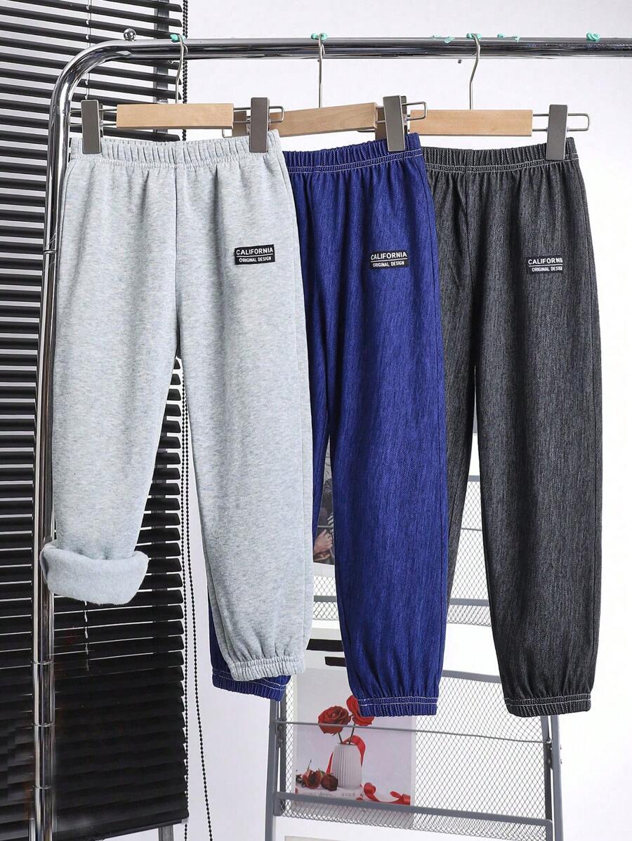 SHEIN 3 件套年轻男孩休闲针织牛仔效果裤套装，多色儿童服装 - 适合通勤、上学、休闲场合、生日、派对、典礼 - 年轻男孩 - 彩色 - 查看 1