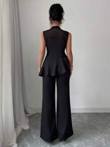 Chiquease Áo crop top lưới mỏng không tay viền bèo nhún thanh lịch & gợi cảm, quần dài lưng thun màu đen giản dị, bộ đồ công sở 2 món cho nữ - màu đen - Xem 2