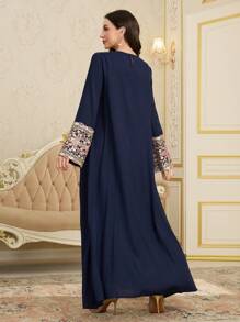Al Najma Front Split-Sleeve Sequins Colorful Trim Big Hem Arabic Style Dress, Spring/Summer,Modest