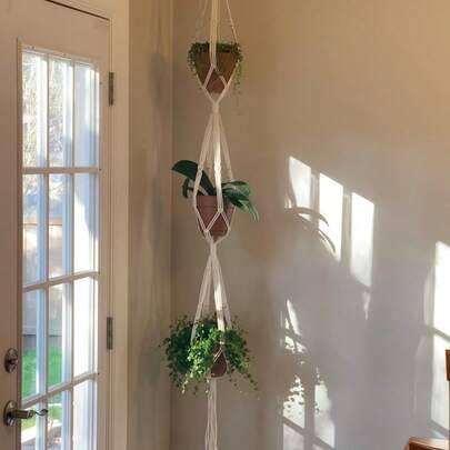 1pc 3 lớp đan móc treo cây, giá đỡ chậu cây tua rua, giá đỡ cây có móc, giá đỡ chậu cây bằng dây đay, chậu hoa lưới treo có tua rua, giỏ treo trong nhà cho cây cảnh, đồ trang trí trong nhà ngoài trời