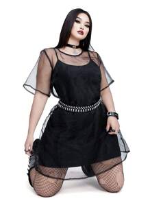Whyspr Vestido informal de dos piezas con combinación de lencería transpirable de organza para talla grande, ideal para festivales musicales