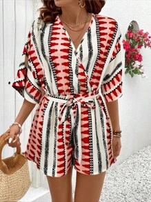 SHEIN VCAY Damen Geometrisch gemusterter Jumpsuit, Lässig-Shorts für den Urlaub